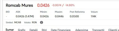 Bursa: Actiunile <span style='background:#EDF514'>ROMCAB</span> Targu Mures scad cu 15% dupa ce compania a anuntat ca exista probabilitatea sa intre in faliment in urmatorul trimestru. Multi vanzatori si foarte putini cumparatori