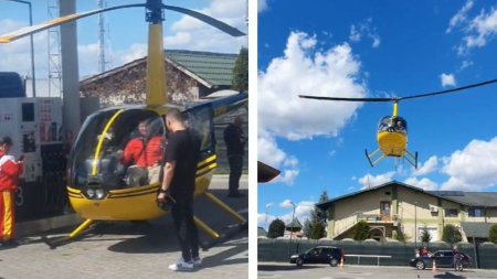 <span style='background:#EDF514'>PILOTUL</span> unui elicopter ramas in pana a alimentat la o benzinarie din Curtea de Arges