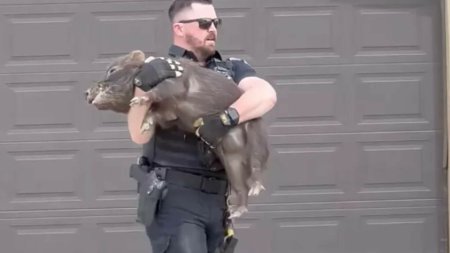 Un ofiter de politie a devenit viral dupa ce a urmarit <span style='background:#EDF514'>SI A PRINS</span> un porc care se plimba intr-un cartier din Utah