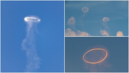 Fenomenul <span style='background:#EDF514'>BIZAR</span> care a aparut pe cerul senin sub forma unor inele de fum. Ce apare, de fapt, in imagini