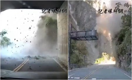 Noi imagini cu momentul cutremurului devastator din Taiwan: masini <span style='background:#EDF514'>LOVITE</span> de pietre de pe versanti