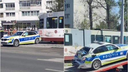 BMW de Politie facut praf de tramvai, intr-o intersectie din Galati. Vatmanita a fost amendata