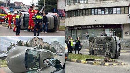 Accident spectaculos in Suceava! O soferita s-a <span style='background:#EDF514'>RASTURNAT</span> cu masina, dupa ce a fortat culoarea rosie la semafor
