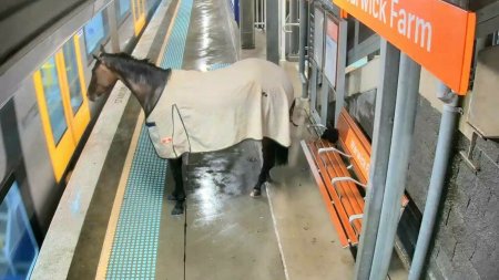 Momentul in care un cal de curse alearga pe peronul unei gari din Australia, sub privirile calatorilor. 