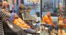 Clip viral cu un muncitor australian epuizat, care a adormit pe scaunul dintr-o frizerie. Dupa cat timp s-a trezit