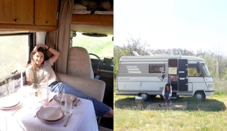 Imagini din <span style='background:#EDF514'>AUTORUL</span>ota in care doarme Dana Rogoz cu sotul si cei doi copii ai lor. In masina sunt doua paturi si o zona de luat masa