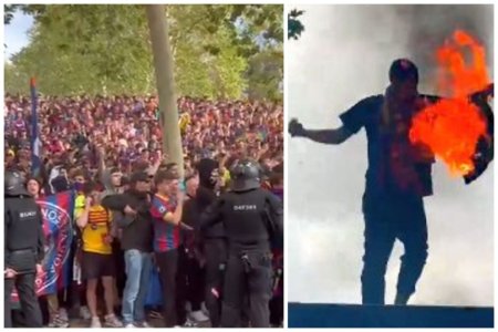 <span style='background:#EDF514'>TRICOURI</span> arse si scandari macabre in afara stadionului inainte de Barcelona - PSG, arbitrat de Kovacs