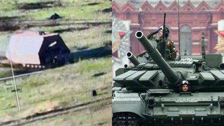 Zici ca e un sopron. Rusii au dus <span style='background:#EDF514'>APARARE</span>a tancurilor la urmatorul nivel. Cum a fost vazut un tanc in lupta | Video