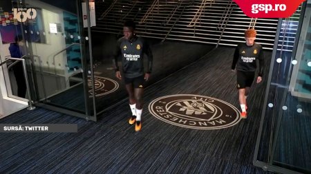 VIDEO. Jucatorii lui Real Madrid au evitat sa calce sigla lui Manchester City cand au iesit sa se <span style='background:#EDF514'>ANTREN</span>eze la Etihad