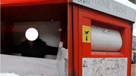 Moda a prins-o la propriu o femeie din Iasi, care a ramas blocata intr-un container pentru haine second-hand