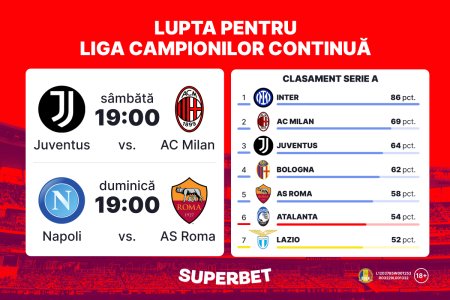 Lupta pentru Liga Campionilor continua in Serie A! Juventus - Milan si Napoli - Roma, <span style='background:#EDF514'>MECIURILE</span> etapei