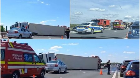 Un TIR s-a rasturnat pe Autostrada Soarelui (Bucuresti-Constanta). Circulatia, oprita pe ambele sensuri