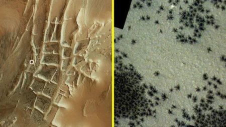 Noi imagini satelitare arata sute de <span style='background:#EDF514'>PAIANJEN</span>i negri pe Marte