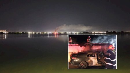 Mercedesul de lux al unui sofer de 18 ani a ars, in Chiajna, lovit de gard de beton: Se vad flacarile de pe Lacul Morii!. VIDEO