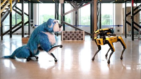 Cainele robot, Spot al Boston Dynamics, costumat in Sparkles, danseaza alaturi de un alt Spot fara costum
