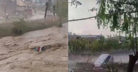 Inundatii majore in judetul Prahova: masini luate de viitura si drumuri maturate de puhoaie. Localitatile aflate sub cod portocaliu VIDEO