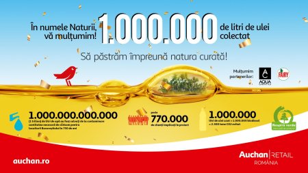 Record: 1 milion de litri de ulei alimentar uzat a fost colectat de Auchan Romania de la clienti si transformat in biocombustibil. 770.000 de romani implicati direct in aceasta actiune